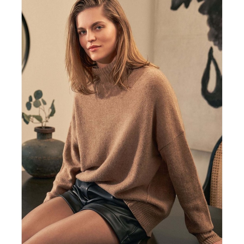 360 Cashmere Camden Mock Neck Oversized Sweater Vicuna Camel Tan S M $525